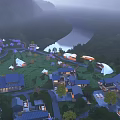 Boutique Homestay Buildings Scattered in Lush Greenery With River and Mountain Backdrop