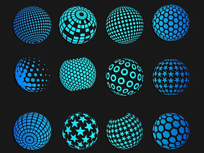 Geometric Line Patterns on Blue Glowing Spheres with Various Designs on Black Background 3d model