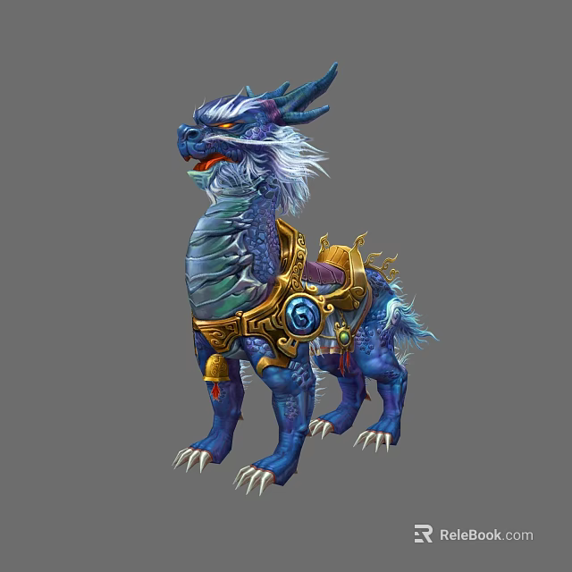 Blue Mythical Beast with Golden Decorations Saddle and Detailed Fantasy Design 3d model 