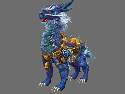 Blue Mythical Beast with Golden Decorations Saddle and Detailed Fantasy Design 3d model
