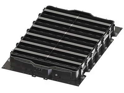 Black Rectangular Industrial Equipment Heat Dissipation Component with Metal Slats and Mounting Holes 3d model
