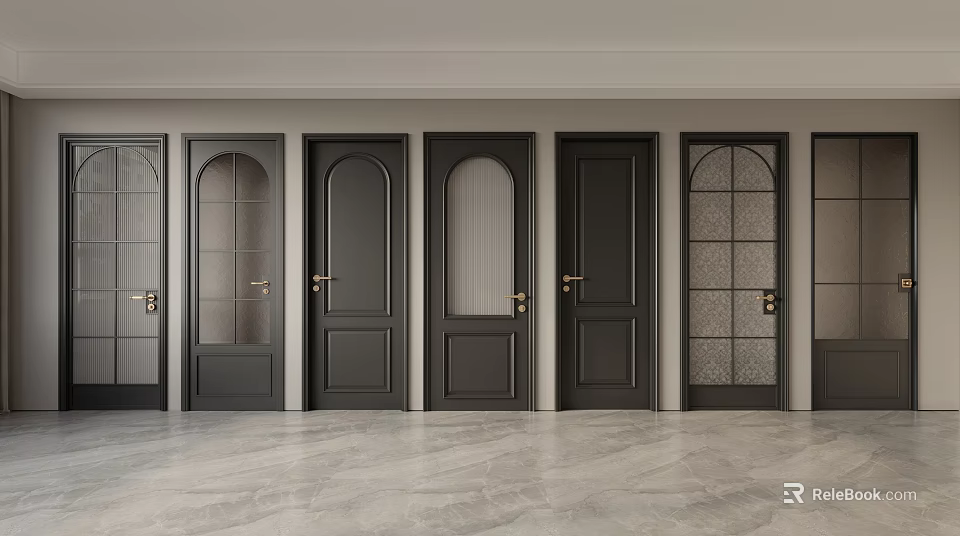 Black Hinged Doors With Various Glass Panel Designs For Modern Interior Decor 3d model 