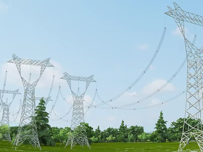 Industrial Power Transmission Towers Metal Structures With Power Lines Blue Sky White Clouds Green Landscape 3d model