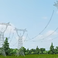 Industrial Power Transmission Towers Metal Structures With Power Lines Blue Sky White Clouds Green Landscape