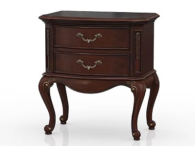 Classic Dark Brown Bedside Table With Two Drawers Metal Handles And Carved Legs 3d model