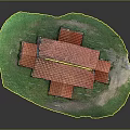 Ancient Stone Building Model With Red Tiled Roof And Arched Windows On Green Grass Base