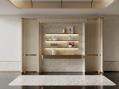 Modern Luxury Bookcase with Marble Countertop LED Strip Lighting Decorative Items Gold Frame Open Design 3d model
