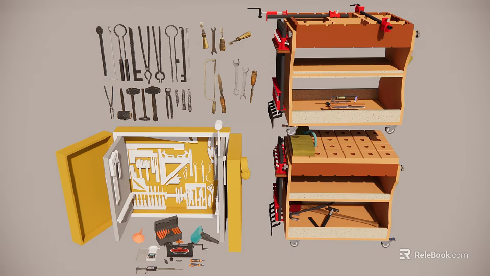 Organized Workshop Tools Storage With Yellow Cabinet Multiple Shelves And Rolling Cart 3d model 