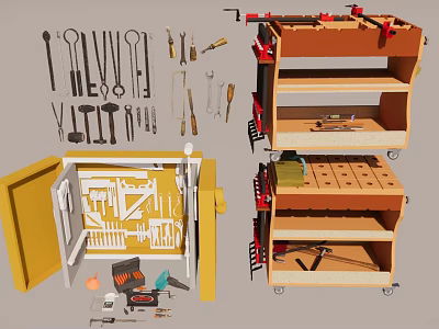 Organized Workshop Tools Storage With Yellow Cabinet Multiple Shelves And Rolling Cart 3d model