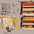 Organized Workshop Tools Storage With Yellow Cabinet Multiple Shelves And Rolling Cart