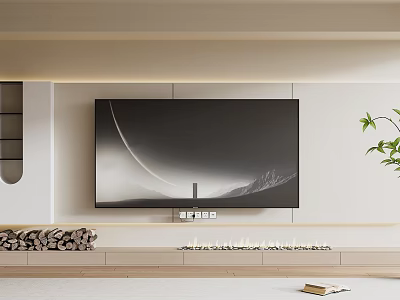 Modern Minimalist TV Background Wall With White Surface Embedded Screen And Green Plant 3d model
