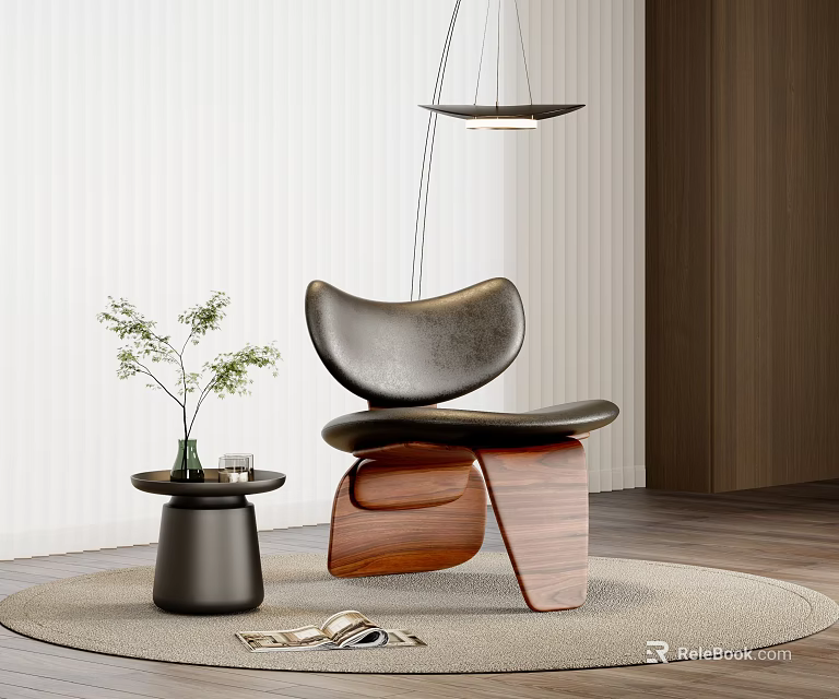 Black Leather Leisure Chair With Wooden Base And Small Table Under Pendant Light On Rug 3d model 