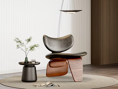 Black Leather Leisure Chair With Wooden Base And Small Table Under Pendant Light On Rug 3d model