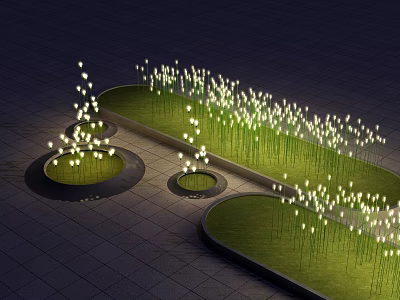 Illuminated Flowers In Night Garden With Green Lawn And Circular Turf Areas 3d model