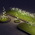 Illuminated Flowers In Night Garden With Green Lawn And Circular Turf Areas