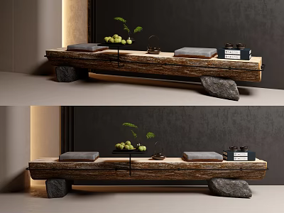 Natural Style Indoor Wooden Bench With Stone Supports Green Plant Books And Cushions 3d model