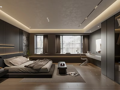 Modern Dark Bedroom Interior With Bed Windows Nightstand Area Rug And Recessed Lighting 3d model