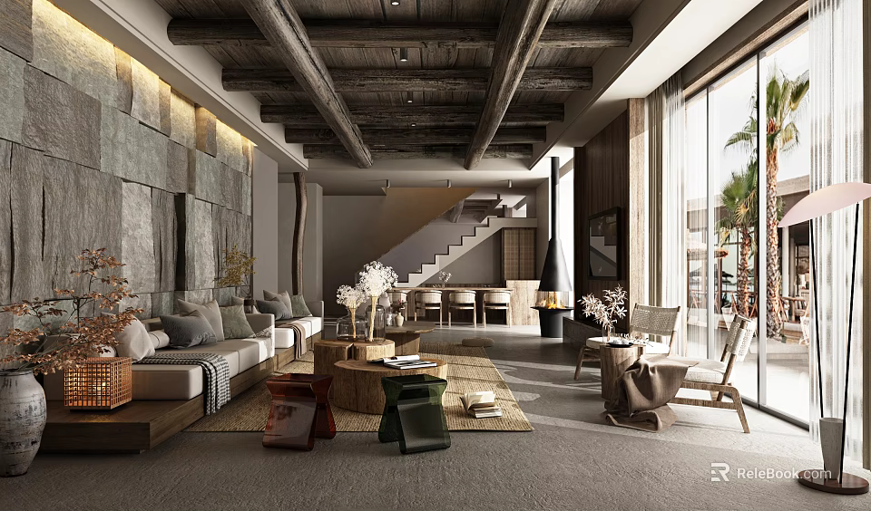 Modern Living Room Interior With Wooden Ceiling Beams Stone Wall And Floor To Ceiling Windows 3d model 