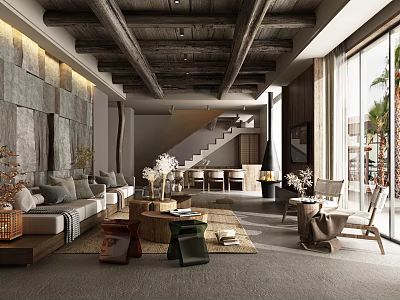 Modern Living Room Interior With Wooden Ceiling Beams Stone Wall And Floor To Ceiling Windows 3d model