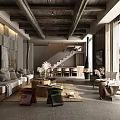 Modern Living Room Interior With Wooden Ceiling Beams Stone Wall And Floor To Ceiling Windows