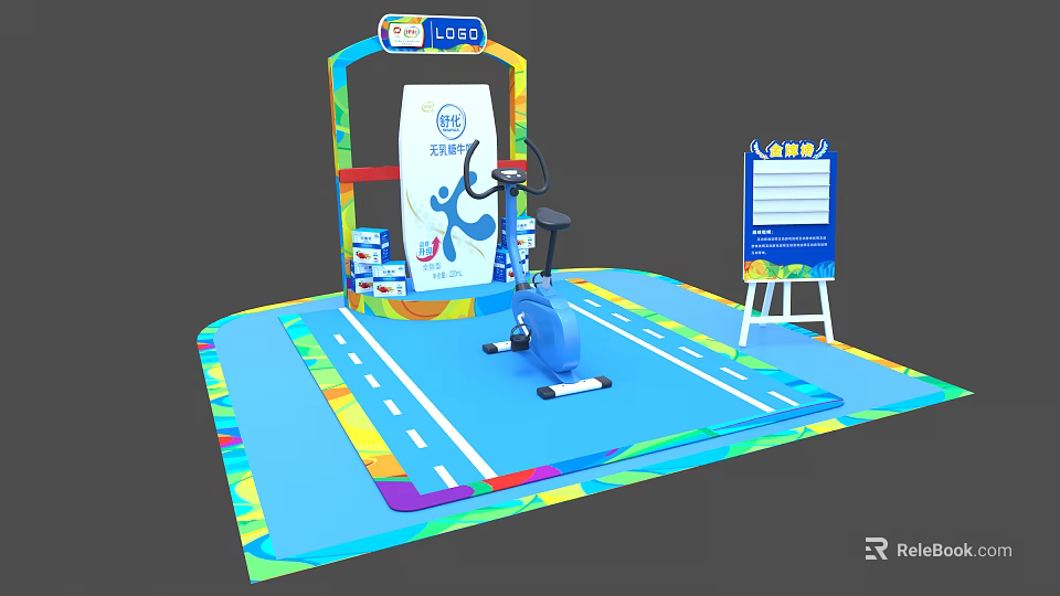 Vibrant Fitness Exercise Bike Setup With Colorful Floor Mat And Branded Backdrop 3d model 