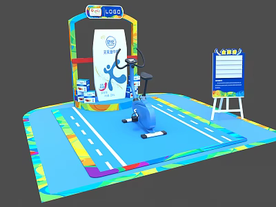 Vibrant Fitness Exercise Bike Setup With Colorful Floor Mat And Branded Backdrop 3d model