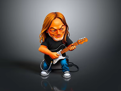 Cartoon Man With Long Hair Playing Electric Guitar In Black T-Shirt And Blue Jeans 3d model