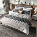 Cozy Double Bed With Gray Blue Pillows Striped Blanket Wooden Wall And Window View