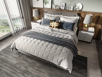 Cozy Double Bed With Gray Blue Pillows Striped Blanket Wooden Wall And Window View 3d model