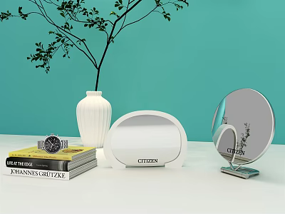 Decorative Ornament Set With White Vase Branch Books Watch Mirror On White Table Turquoise Wall 3d model