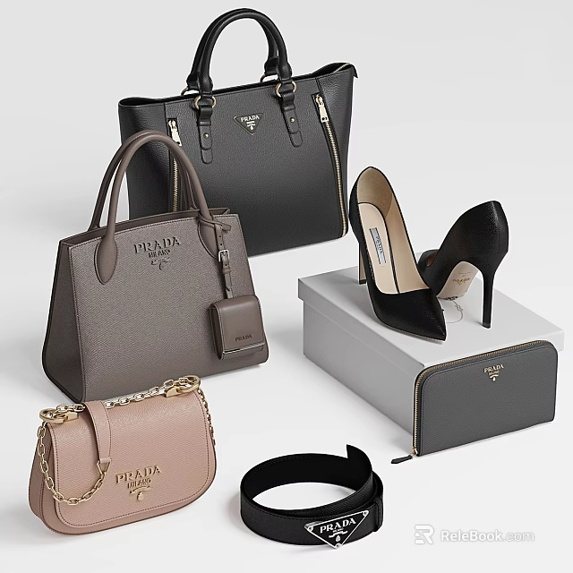 Prada Leather Handbags And Cases With Chain Details In Black Gray Pink 3d model 