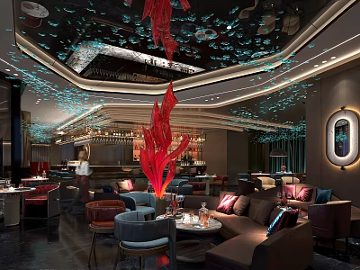Modern Bar Interior With Red Decorative Sculpture Blue Ceiling Decorations Comfortable Seating And Ambient Lighting 3d model