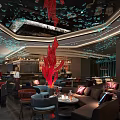 Modern Bar Interior With Red Decorative Sculpture Blue Ceiling Decorations Comfortable Seating And Ambient Lighting