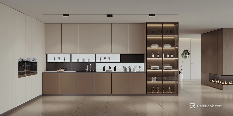 Modern Kitchen Interior With Sleek Cabinets Storage Shelves And Built-in Lighting 3d model
