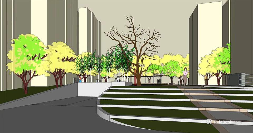 Residential Landscape With Modern High Rise Buildings Various Trees Greenery And Walkways Steps 3d model 