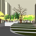 Residential Landscape With Modern High Rise Buildings Various Trees Greenery And Walkways Steps