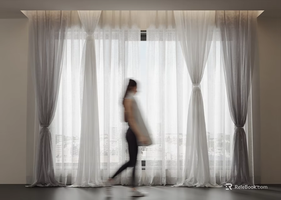 White Sheer and Solid Layered Curtains with Pleated Top in Bright Home Interior 3d model 