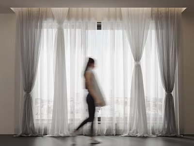 White Sheer and Solid Layered Curtains with Pleated Top in Bright Home Interior 3d model