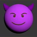 Pink Sphere Cartoon Creature With Purple Horns Brown Eyebrows And Smiling Mouth On Gray Background