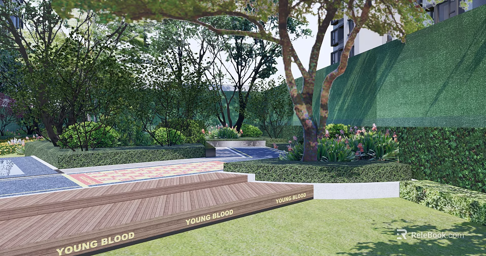 Residential Landscape With Lush Trees Greenery Wooden Deck Lawn And Flower Beds 3d model 