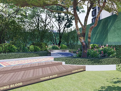 Residential Landscape With Lush Trees Greenery Wooden Deck Lawn And Flower Beds 3d model