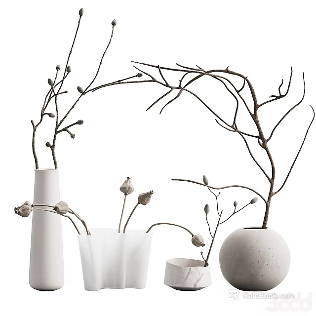 Display Of Multiple White Vases With Branches And Buds In Different Shapes 3d model 