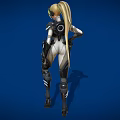 Futuristic Female Character In Black And White Armor With Blonde Ponytail And Blue Glowing Elements