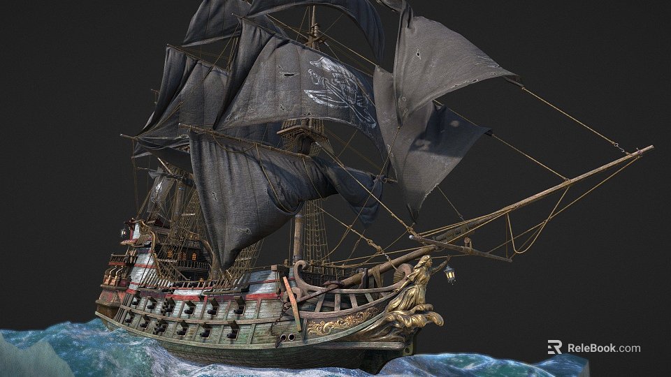 Vintage Wooden Ship With Black Sails Ornate Carvings Sailing On Turbulent Waves 3d model 