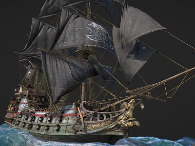 Vintage Wooden Ship With Black Sails Ornate Carvings Sailing On Turbulent Waves 3d model Vintage Wooden Ship With Black Sails Ornate Carvings Sailing On Turbulent Waves 3d model