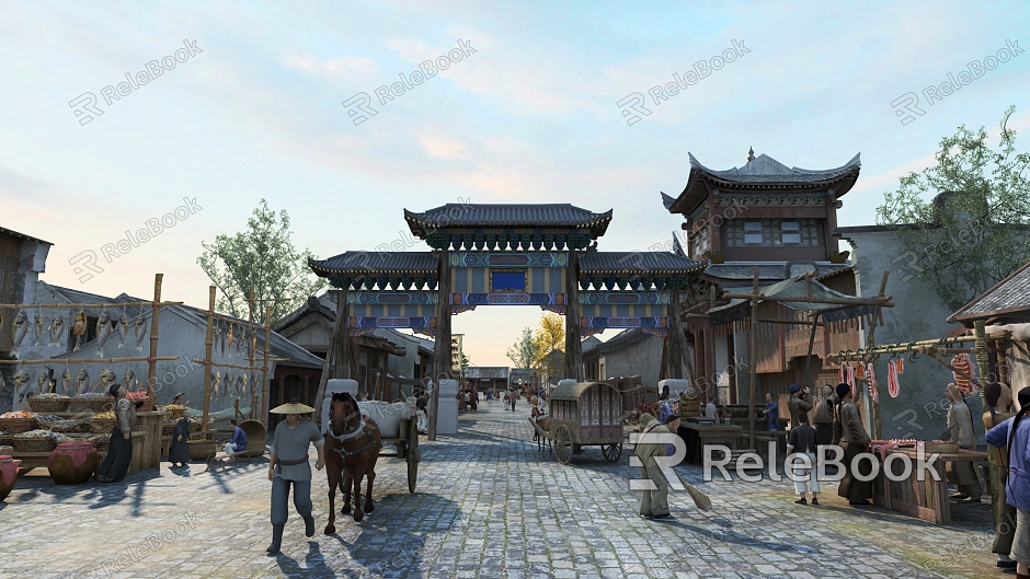 Chinese Commercial Street Manchu Love Stage Ancient People Archway Fish Stall Meat Stall Carriage Ancient Commercial Street model