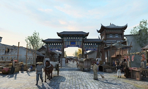 Chinese Commercial Street Manchu Love Stage Ancient People Archway Fish Stall Meat Stall Carriage Ancient Commercial Street 3d model