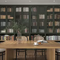 Modern Interior Design With Dark Green Wooden Bookshelves Filled With Books Dining Table And Plant