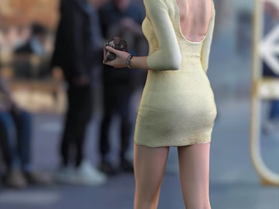 Woman In Backless Yellow Dress Holding Item In Outdoor Crowd Background Scene 3d model