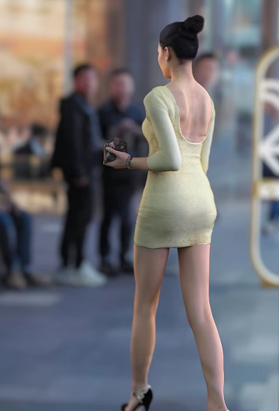 Woman In Backless Yellow Dress Holding Item In Outdoor Crowd Background Scene 3d model